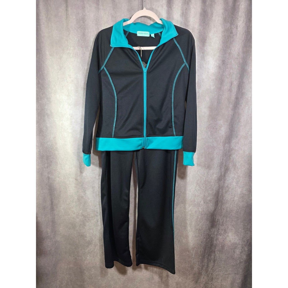 Silverwear Petite Tracksuit Set Black Teal Zip Jacket Pants Womens PM
